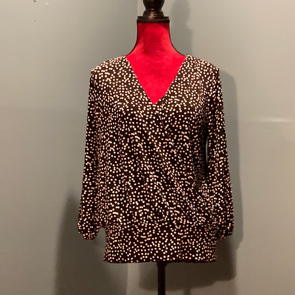 Talbots Black and White Polka Dot Long Sleeve Wrap Top